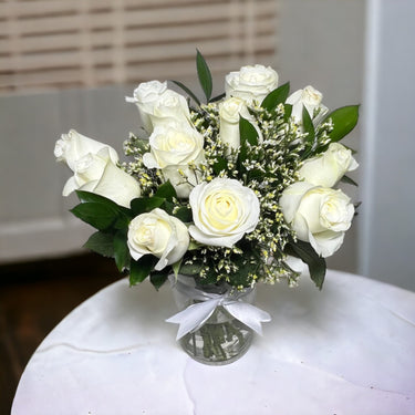Pure White Elegance Bouquet, Classic Rose Cylinder, 12 White Roses, Limonium, Ruscus
